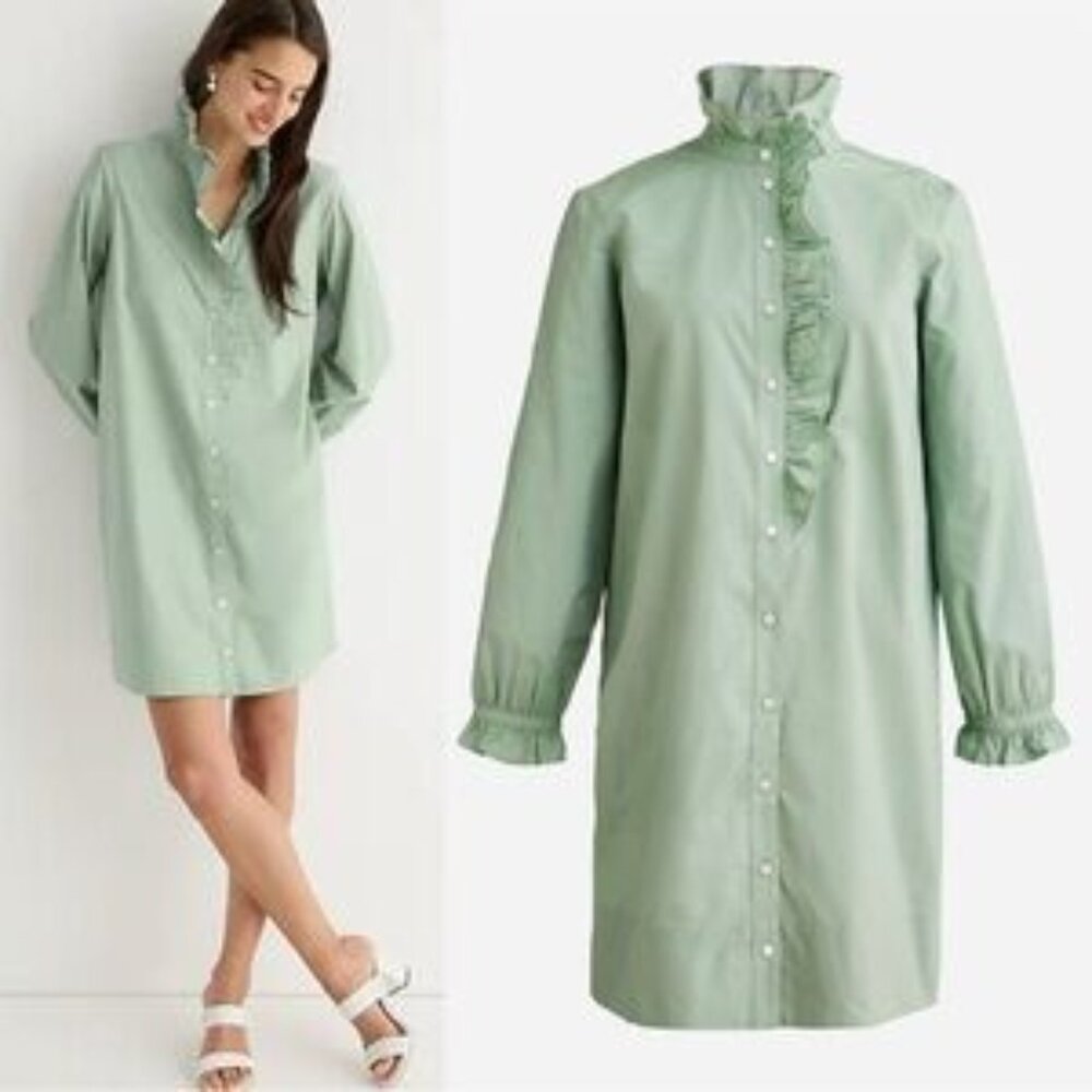 Women's J. CREW Marble Green Cottage Shirtdress Dress Cotton Poplin Size 4